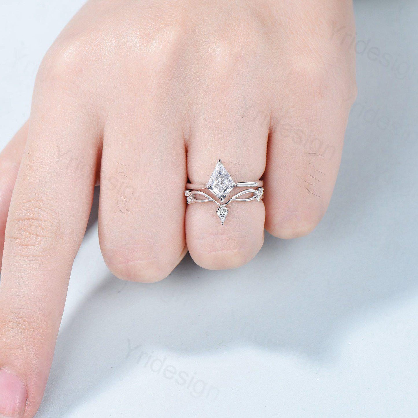 Art Deco Kite Cut Diamond Ring Set - Lab Grown Diamond Chevron Wedding Band
