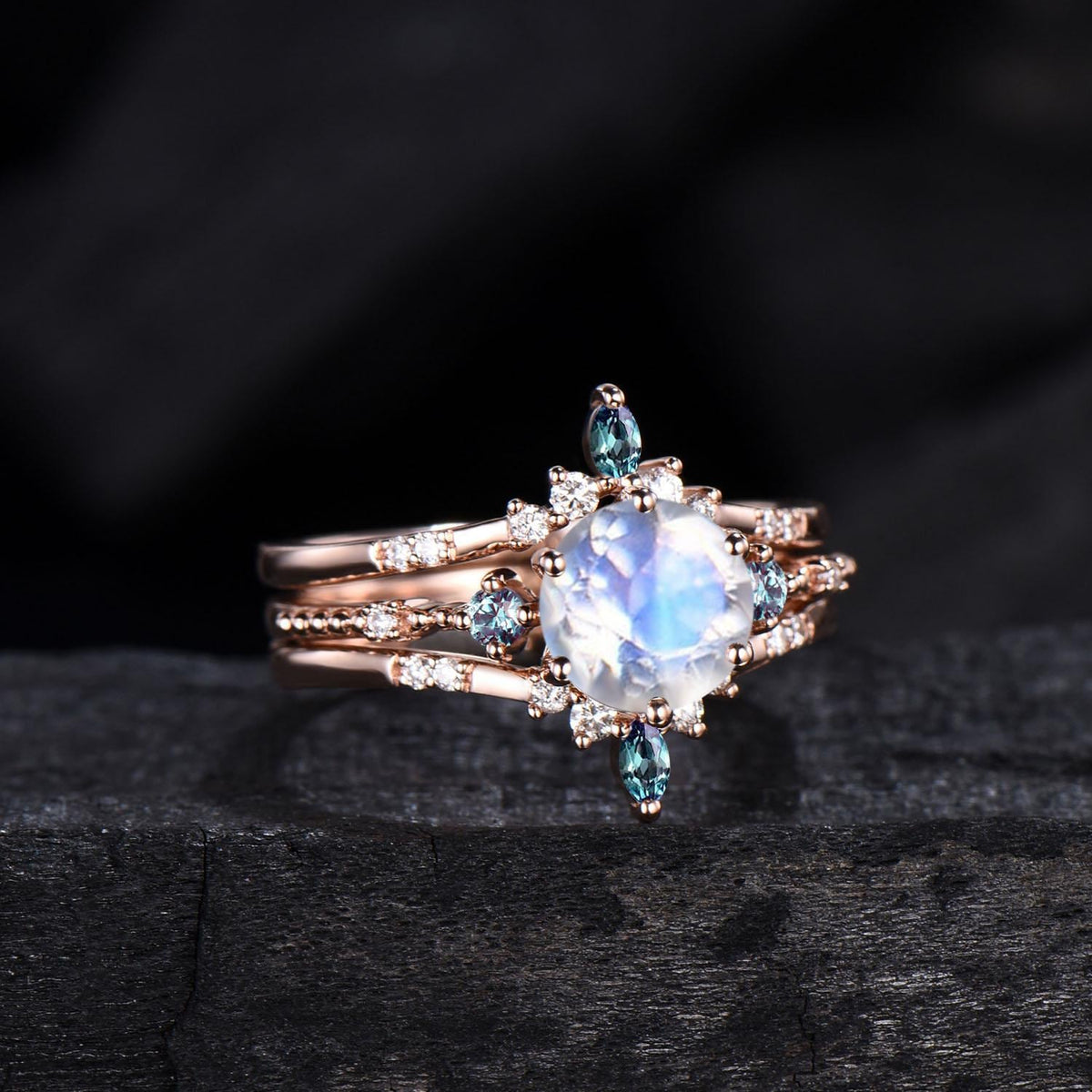 Moonstone Engagement Ring Set, Vintage Alexandrite Wedding Band
