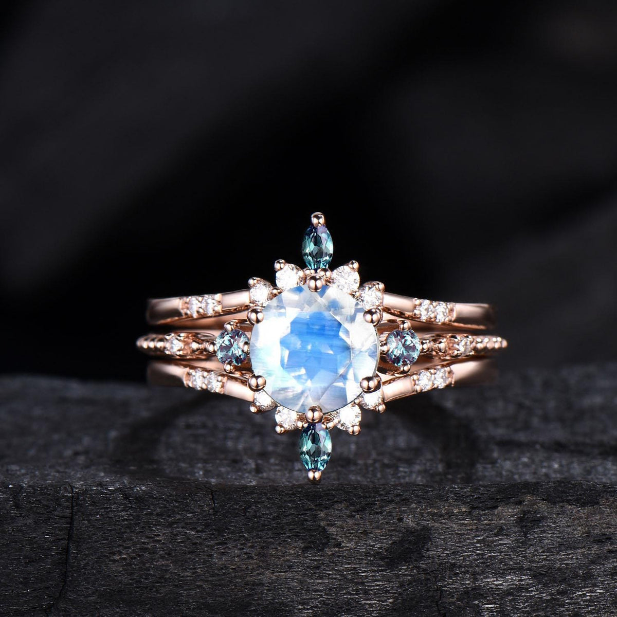 Moonstone Engagement Ring Set, Vintage Alexandrite Wedding Band