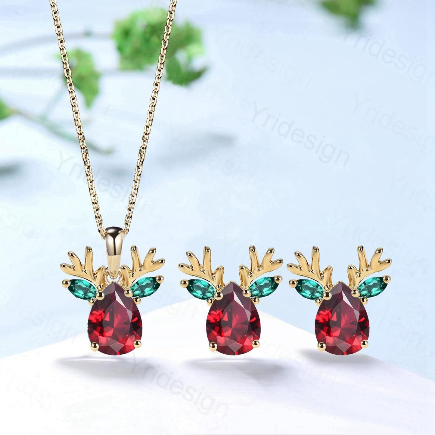 Elegant Pear Cut Red Ruby Antler Necklace Animal Inspired Dainty Marquise Emerald Earring Rose Gold Deer Antler July Birthstone Jewelry