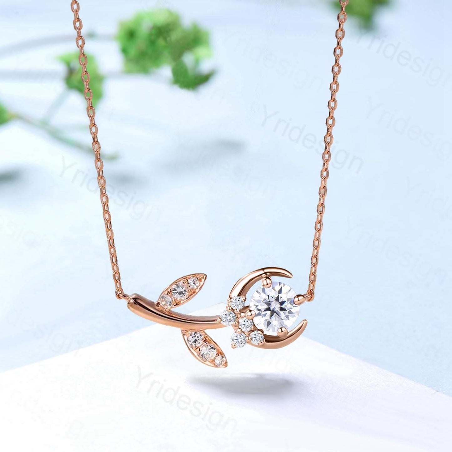 Vintage Crescent moon moissanite pendant necklace unique moon pendant necklace 14k/18k rose gold star branch leaf necklace promise gift