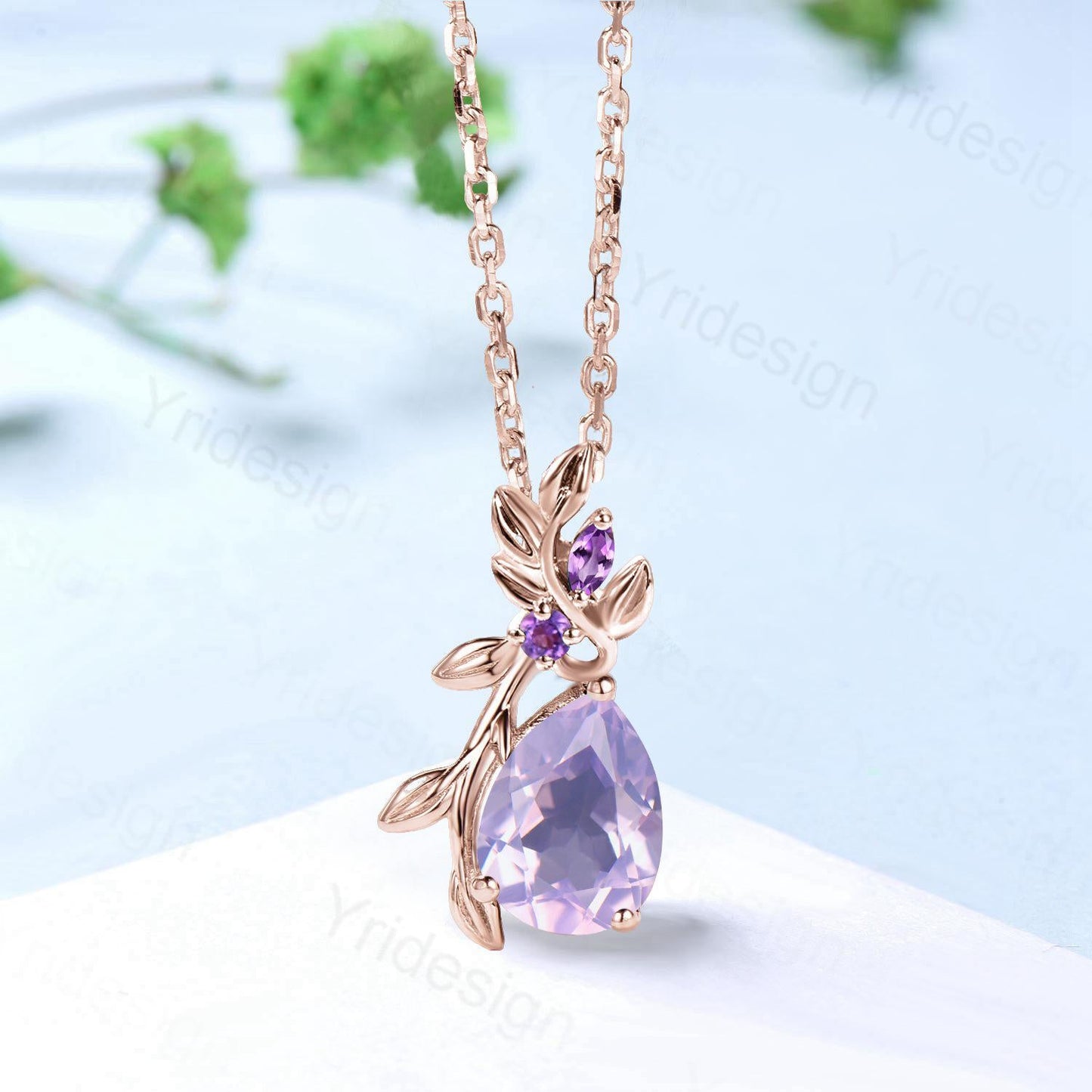 Elegant Pear Shaped Lavender Amethyst Pendant Necklace leaf branch necklace Twisted Nature inspired purple gemstone jewelry anniversary gift