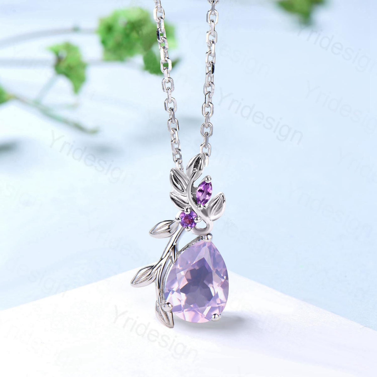 Elegant Pear Shaped Lavender Amethyst Pendant Necklace leaf branch necklace Twisted Nature inspired purple gemstone jewelry anniversary gift