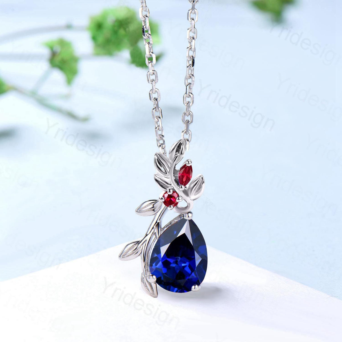 Elegant Pear Shaped Blue Sapphire Pendant Necklace leaf branch red ruby necklace Twisted nature inspired Sep birthstone anniversary gifts
