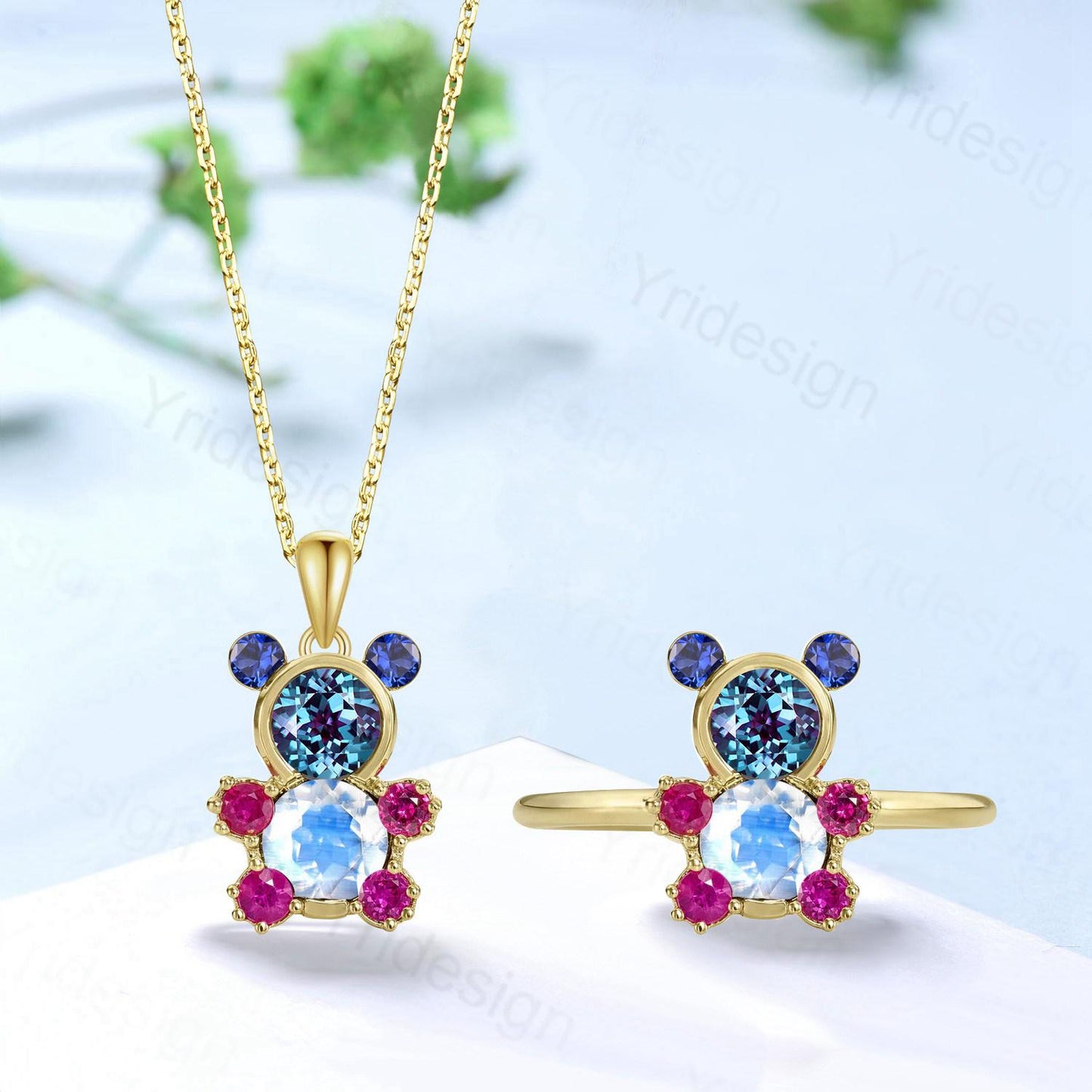 Unique Teddy Bear Jewelry alexandrite moonstone engagement ring pendant necklace cluster sapphire ruby delicate June birthstone wedding set