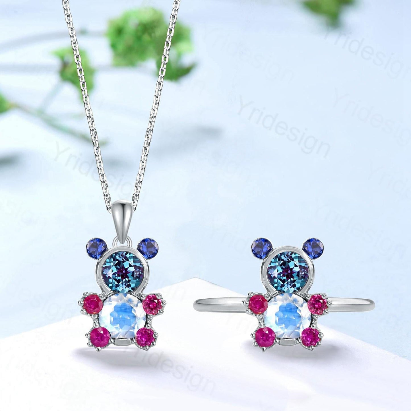 Unique Teddy Bear Jewelry alexandrite moonstone engagement ring pendant necklace cluster sapphire ruby delicate June birthstone wedding set