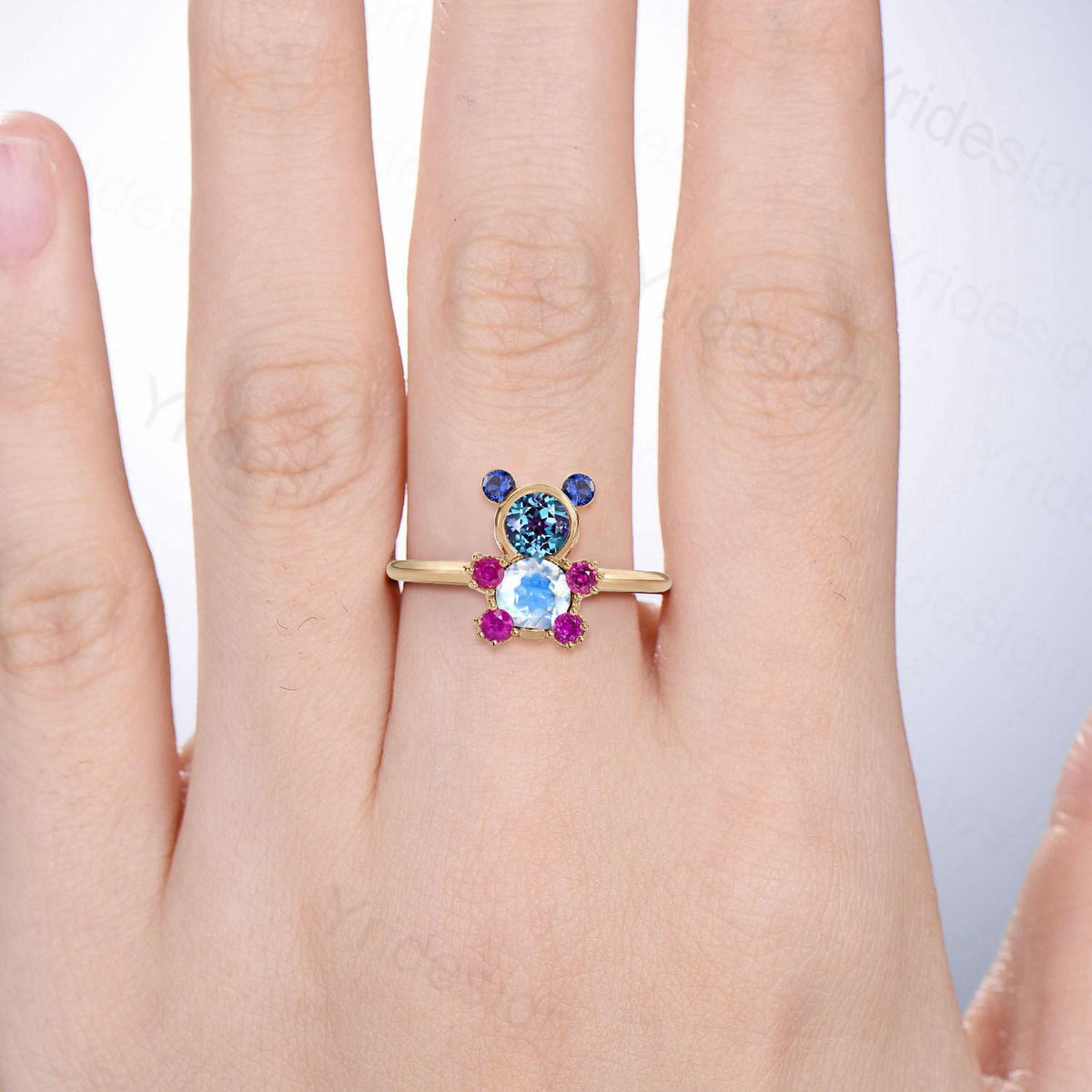 Unique Teddy Bear Jewelry alexandrite moonstone engagement ring pendant necklace cluster sapphire ruby delicate June birthstone wedding set