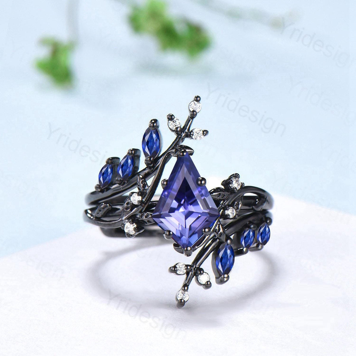 Unique gothic kite cut natural tanzanite engagement ring set black gold cluster marquise sapphire ring nature inspired enhancer wedding set