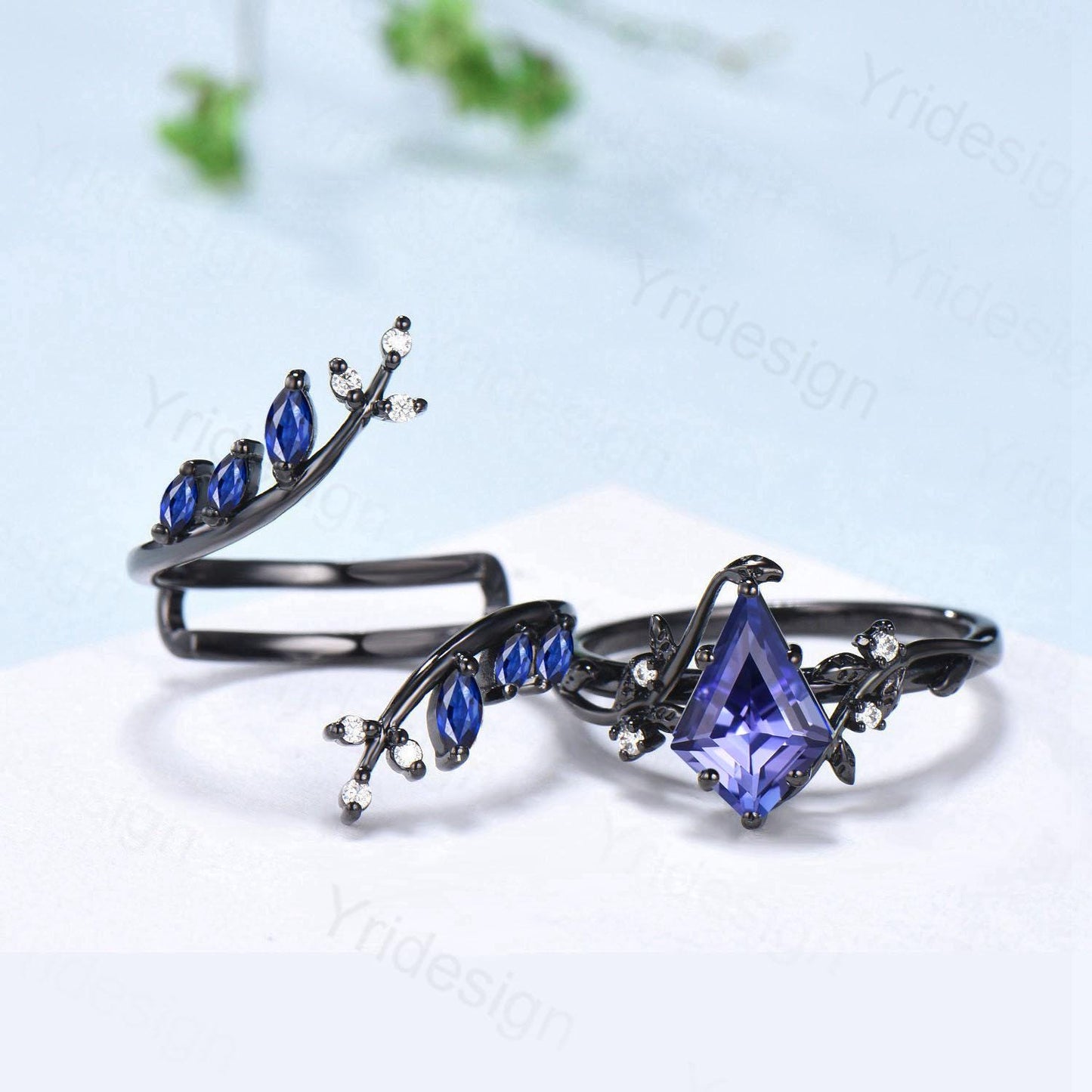 Unique gothic kite cut natural tanzanite engagement ring set black gold cluster marquise sapphire ring nature inspired enhancer wedding set