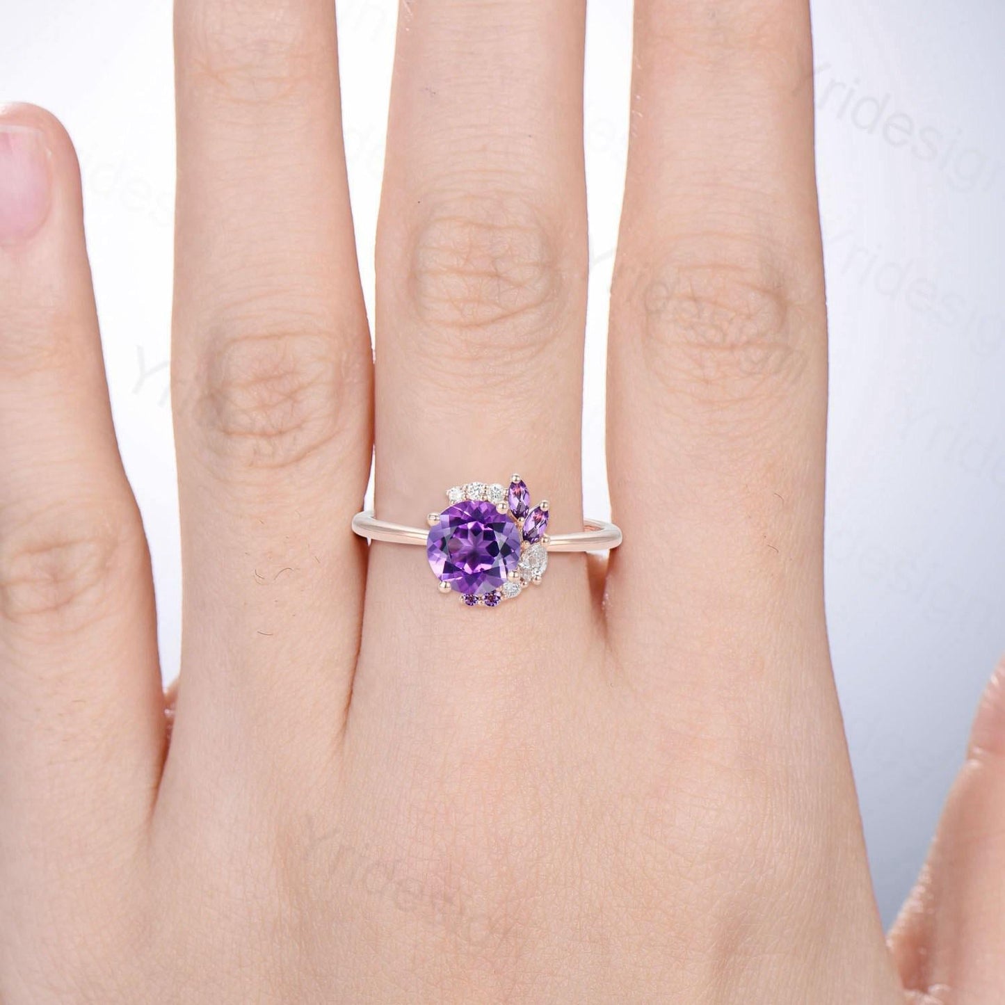 Half Halo Round Cut Amethyst Engagement Ring Silver Rose Gold Cluster Purple Gemstone Wedding Ring February Birthstone Bridal Ring Gift