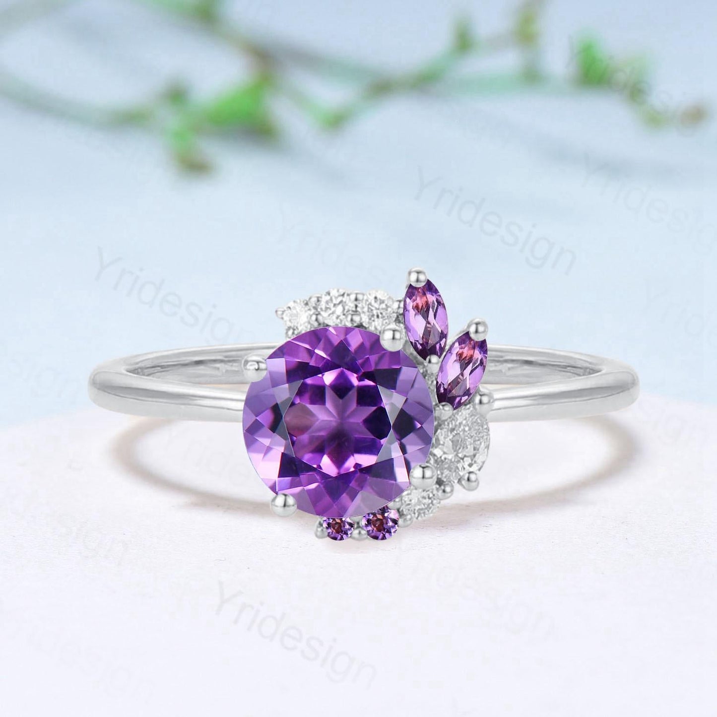 Half Halo Round Cut Amethyst Engagement Ring Silver Rose Gold Cluster Purple Gemstone Wedding Ring February Birthstone Bridal Ring Gift