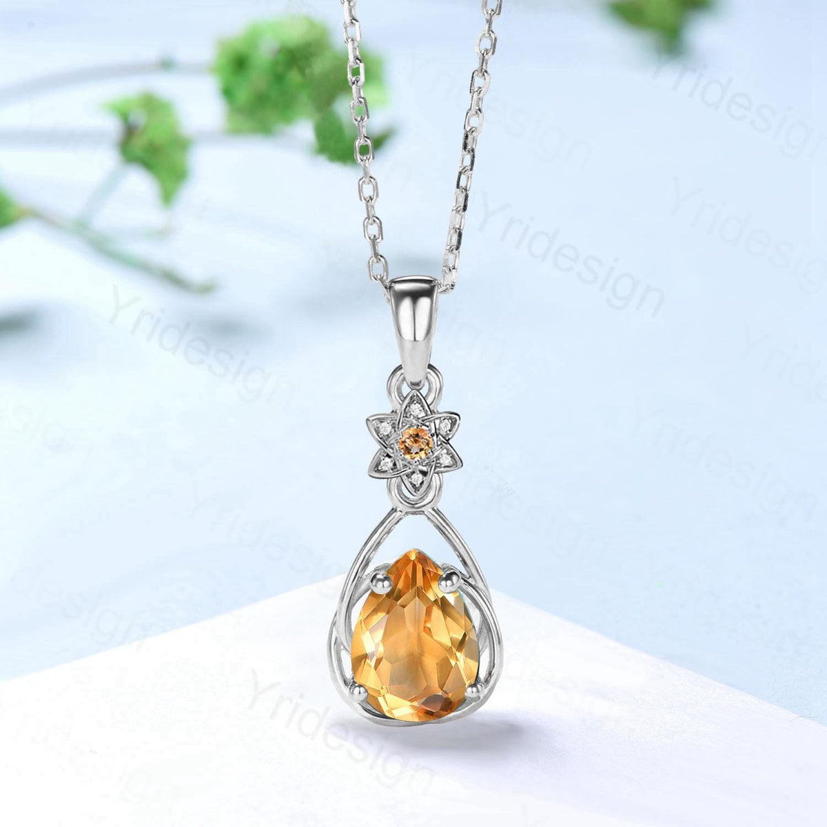 Celtic Knot Pear shaped citrine necklace solid 14k 18k rose gold vintage unique Personalized sunflower Caro pendant anniversary gift women