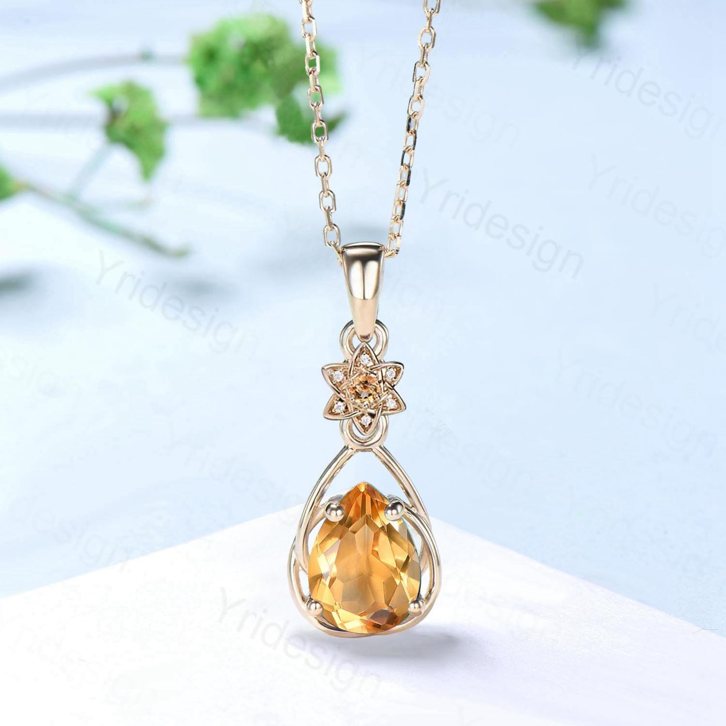 Celtic Knot Pear shaped citrine necklace solid 14k 18k rose gold vintage unique Personalized sunflower Caro pendant anniversary gift women