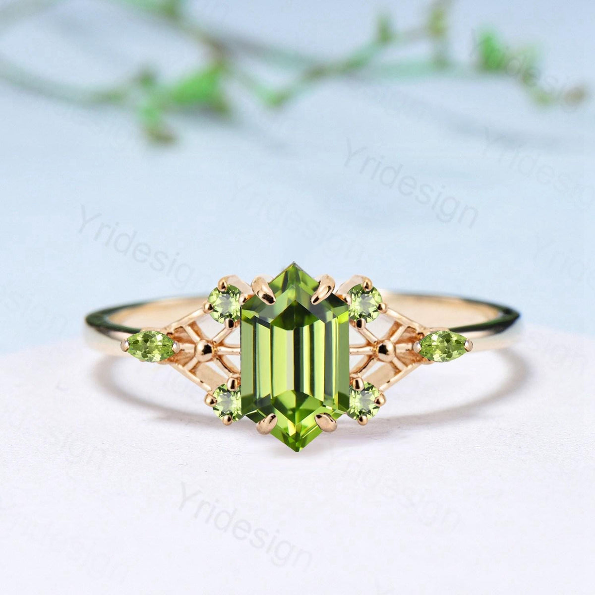 Vintage Elongated Hexagon Cut Peridot Engagement Ring Unique Spider Wedding Ring August Birthstone Anniversary Promise Ring Gift for Her
