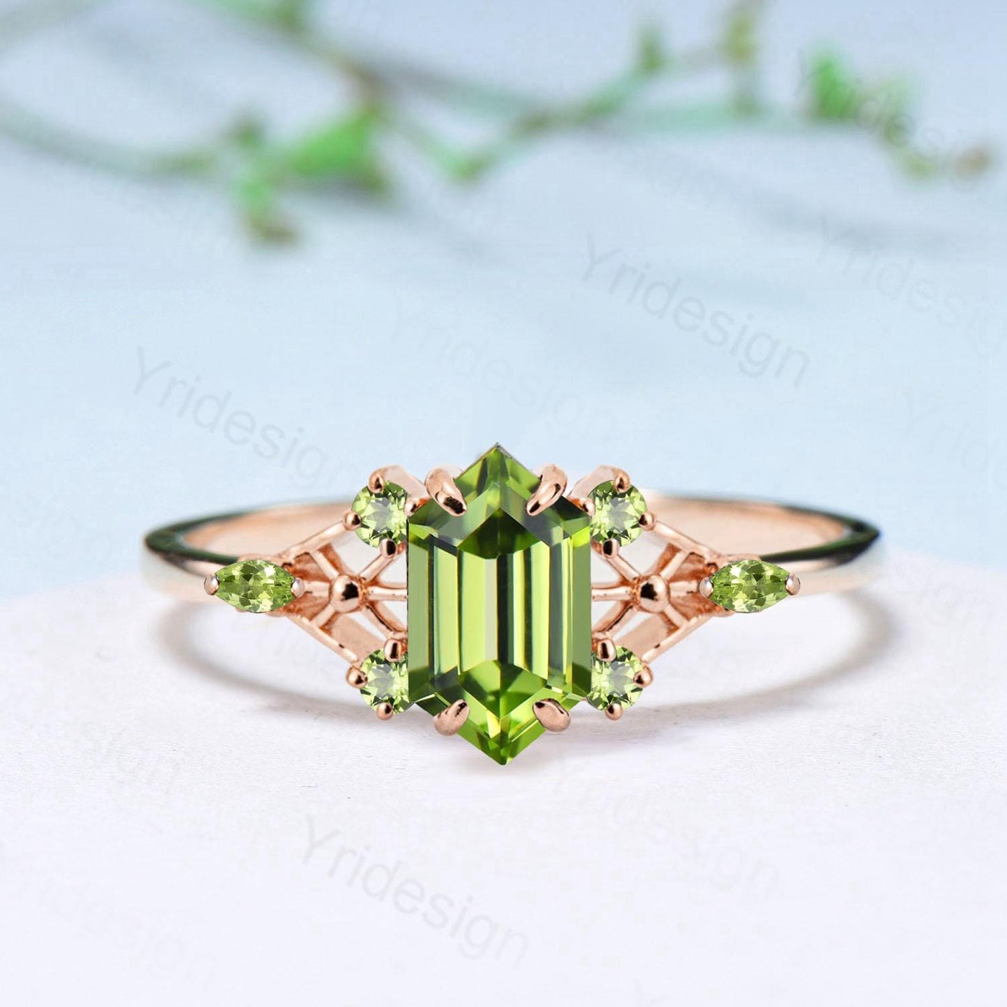 Vintage Elongated Hexagon Cut Peridot Engagement Ring Unique Spider Wedding Ring August Birthstone Anniversary Promise Ring Gift for Her