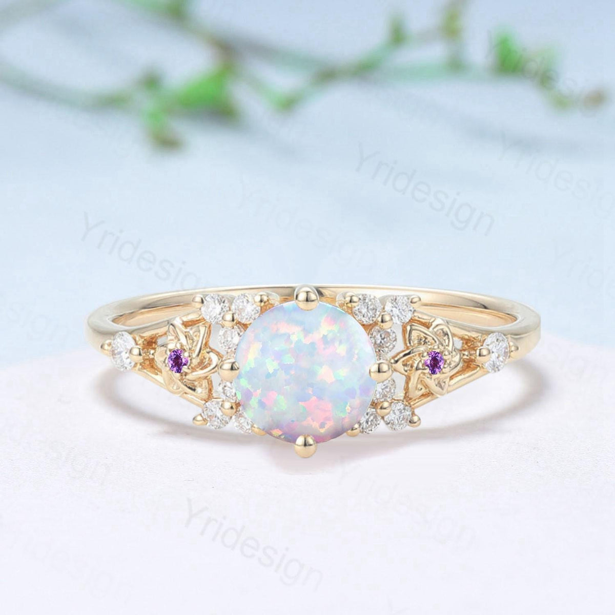 Floral White Opal Engagement Ring, Vintage Style, Amethyst Accent, Handmade