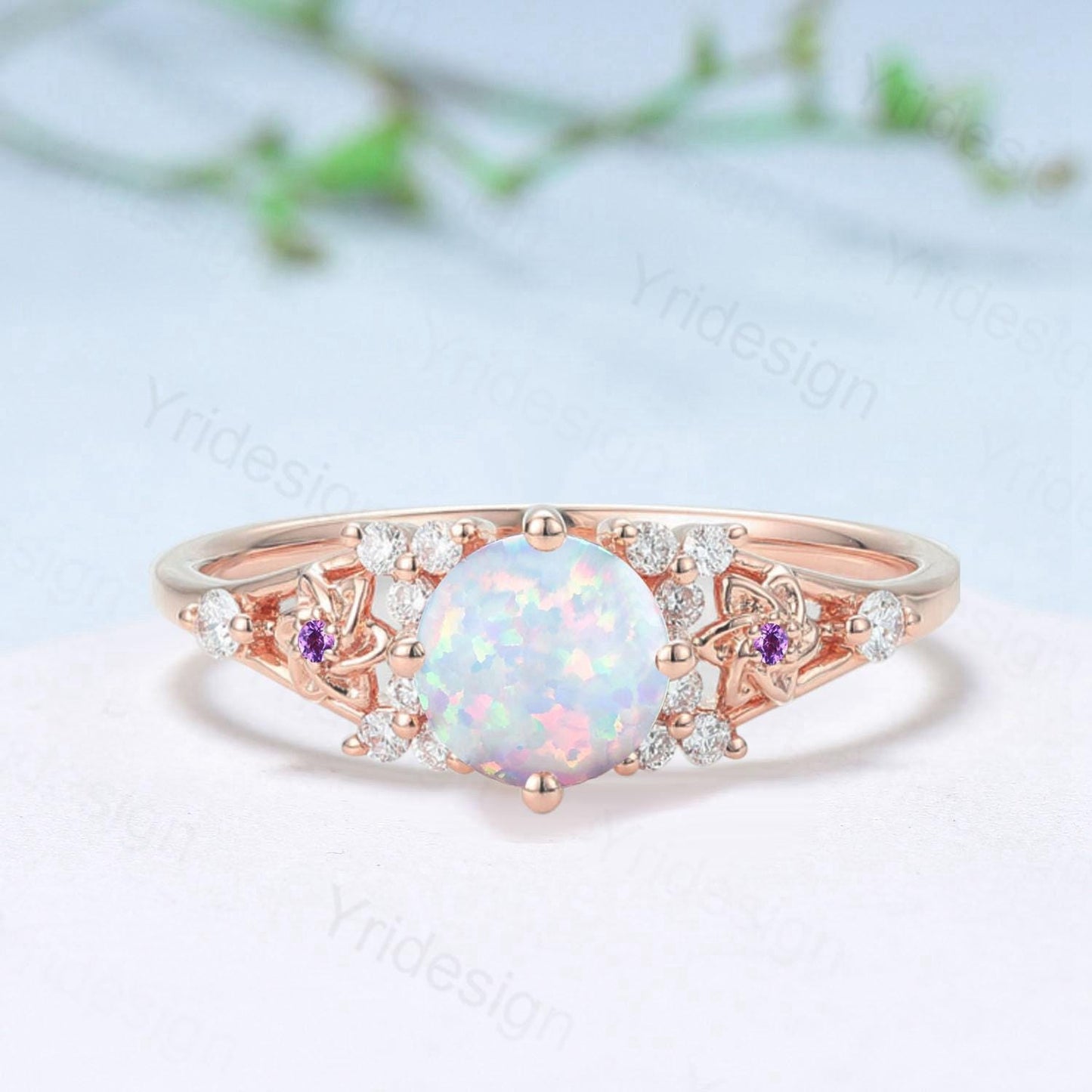 Floral White Opal Engagement Ring, Vintage Style, Amethyst Accent, Handmade