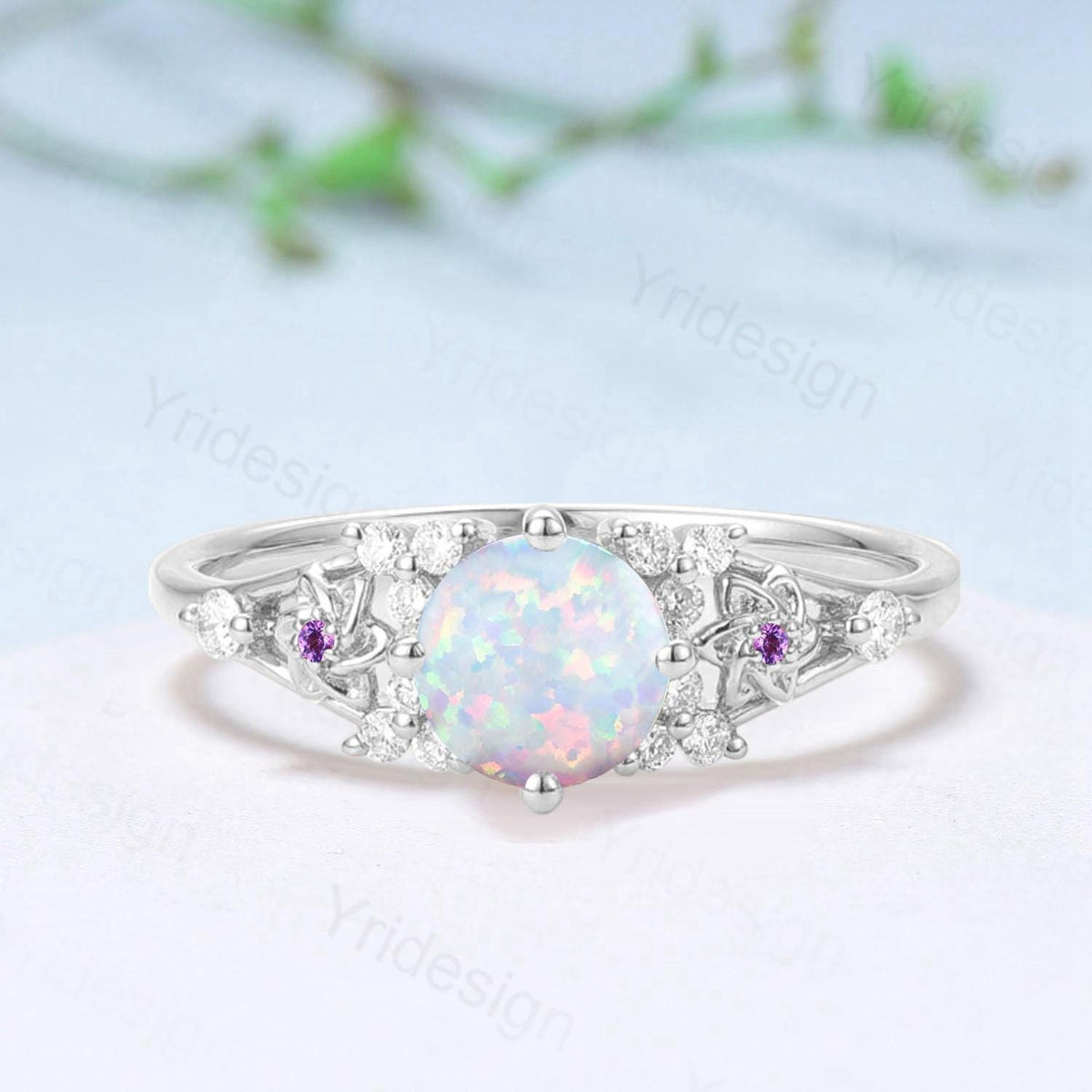 Unique White Opal Engagement Ring Vintage Floral Design Fire Opal Ring Natural Inspired Leaf Vine Cluster Amethyst Bride Wedding Ring Women