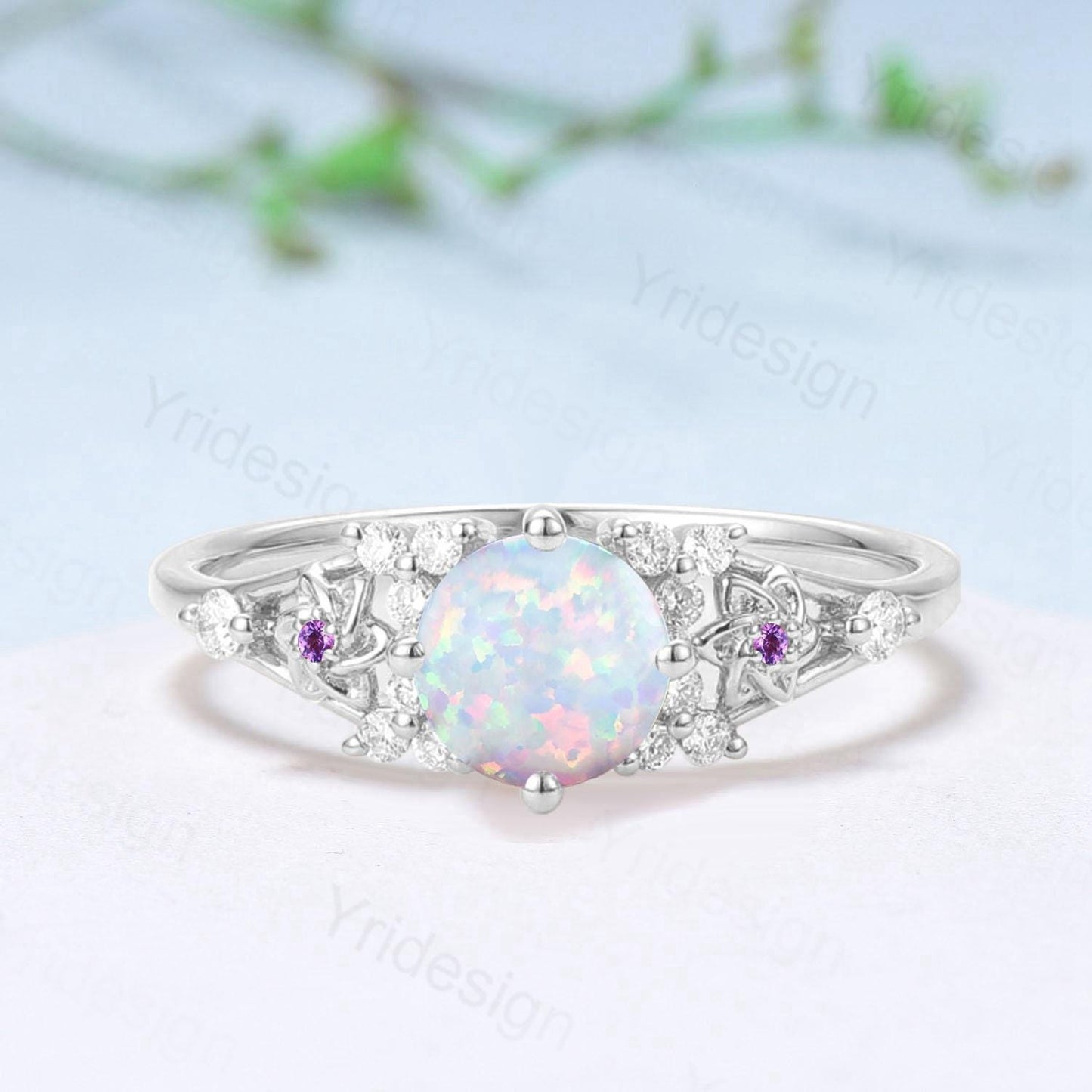 Floral White Opal Engagement Ring, Vintage Style, Amethyst Accent, Handmade