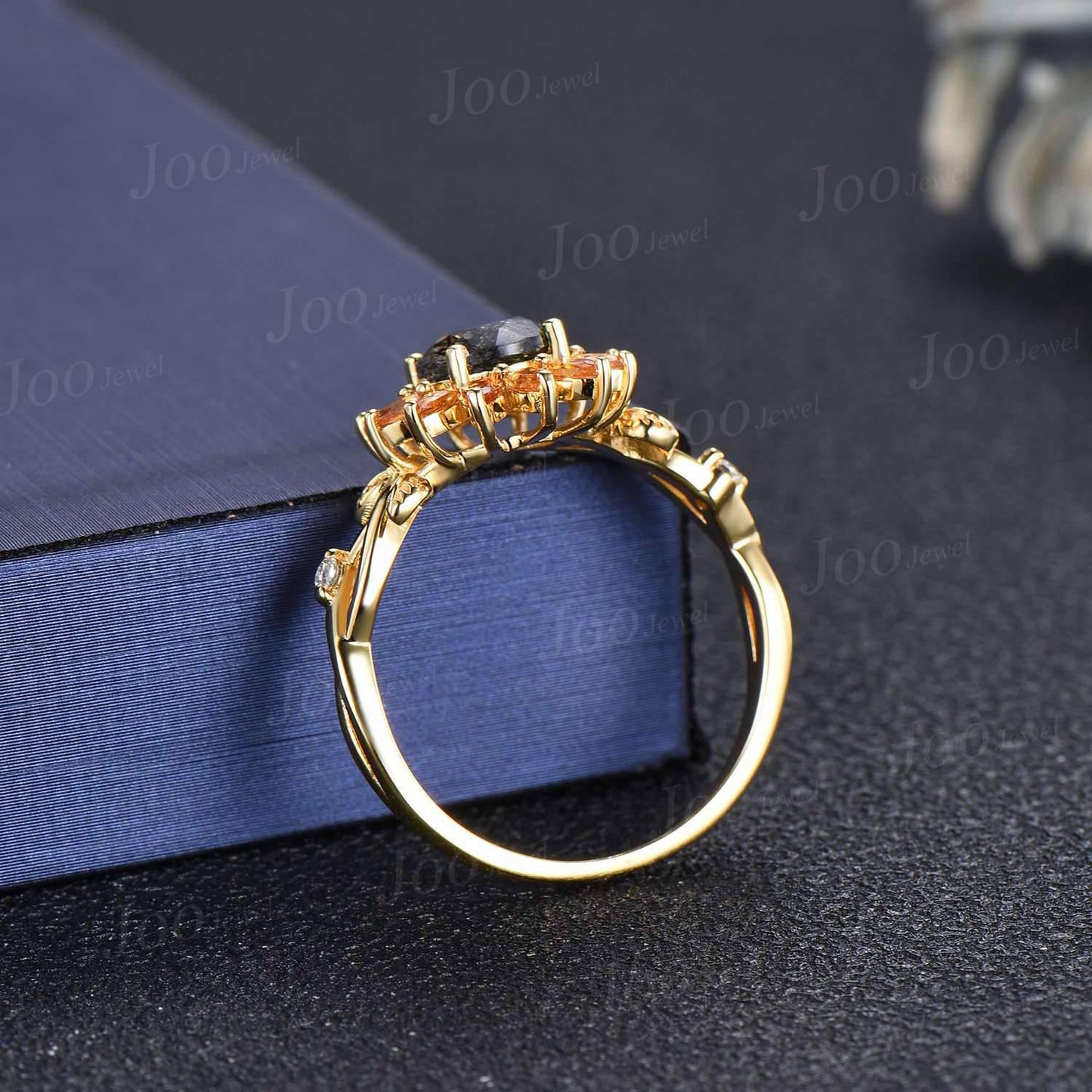 Sunflower Wedding Ring Solid 10K Gold Natural Citrine Black Rutilated Quartz Leaf Engagement Rings for Women