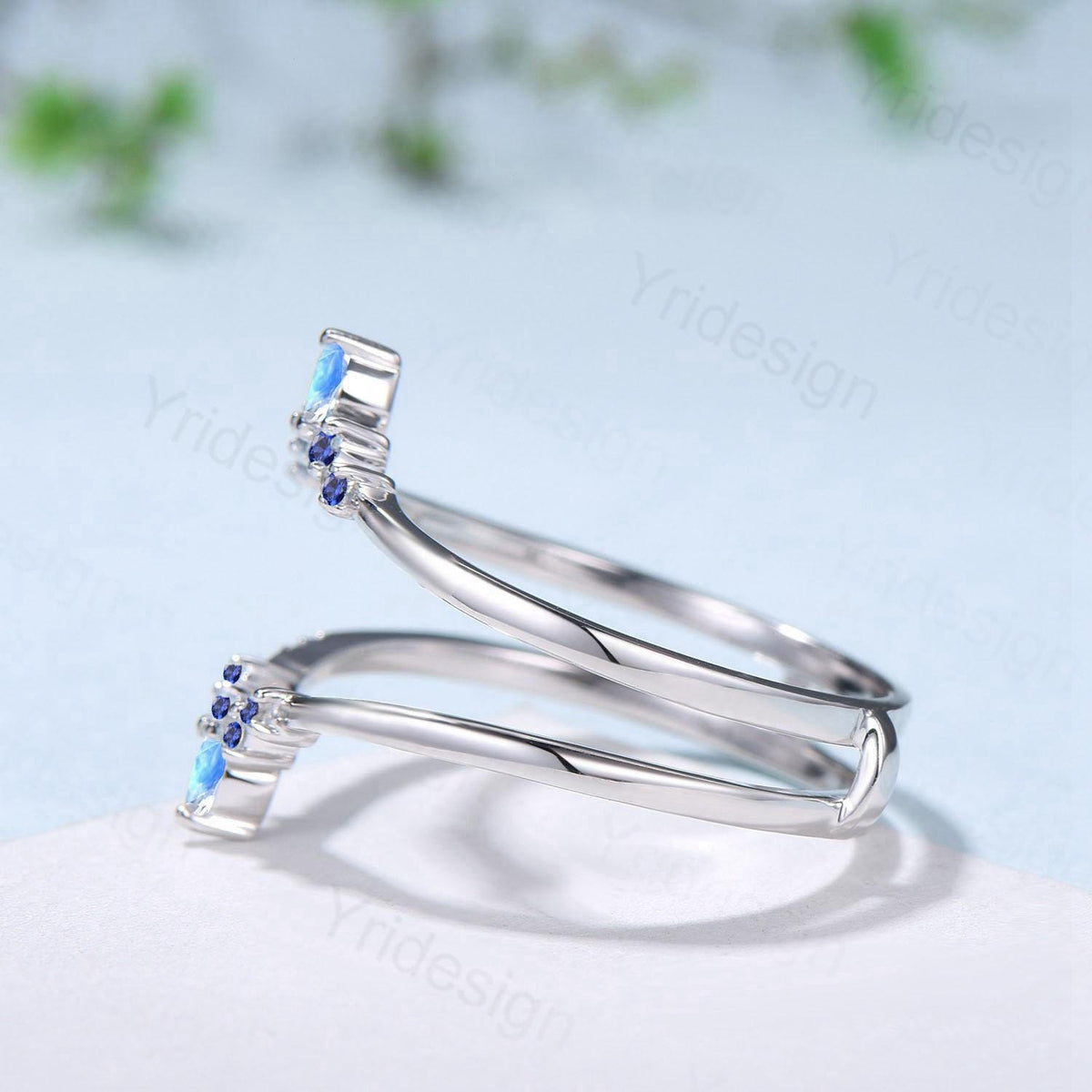 Double Curved Blue Sapphire Moonstone Wedding Band Sterling Silver Contour Enhancer Stacking Matching Nesting Band Jacket Anniversary Gifts