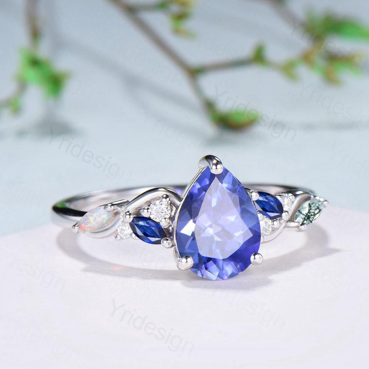 Unique Pear Cut Natural Tanzanite Engagement Ring Cluster Sapphire Opal Wedding Ring Platinum White Gold Handmade Anniversary Proposal Gift