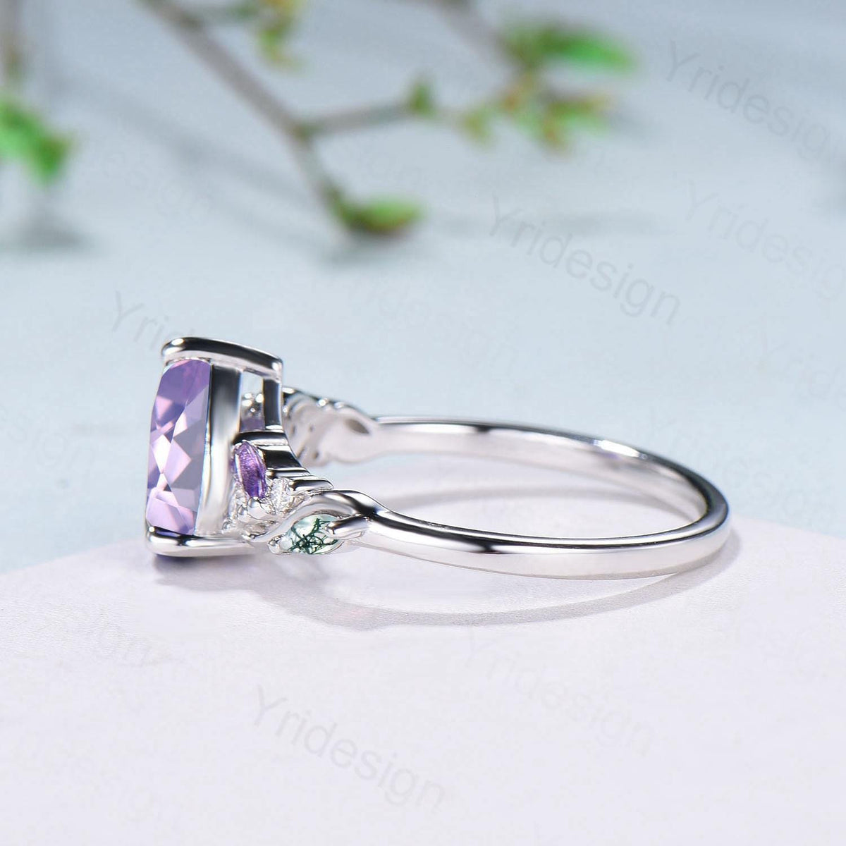 Art Deco Pear Shaped Lavender Amethyst Engagement Ring Split Shank Moss Agate Wedding Ring Vintage Handmade Anniversary Ring Gift for Women