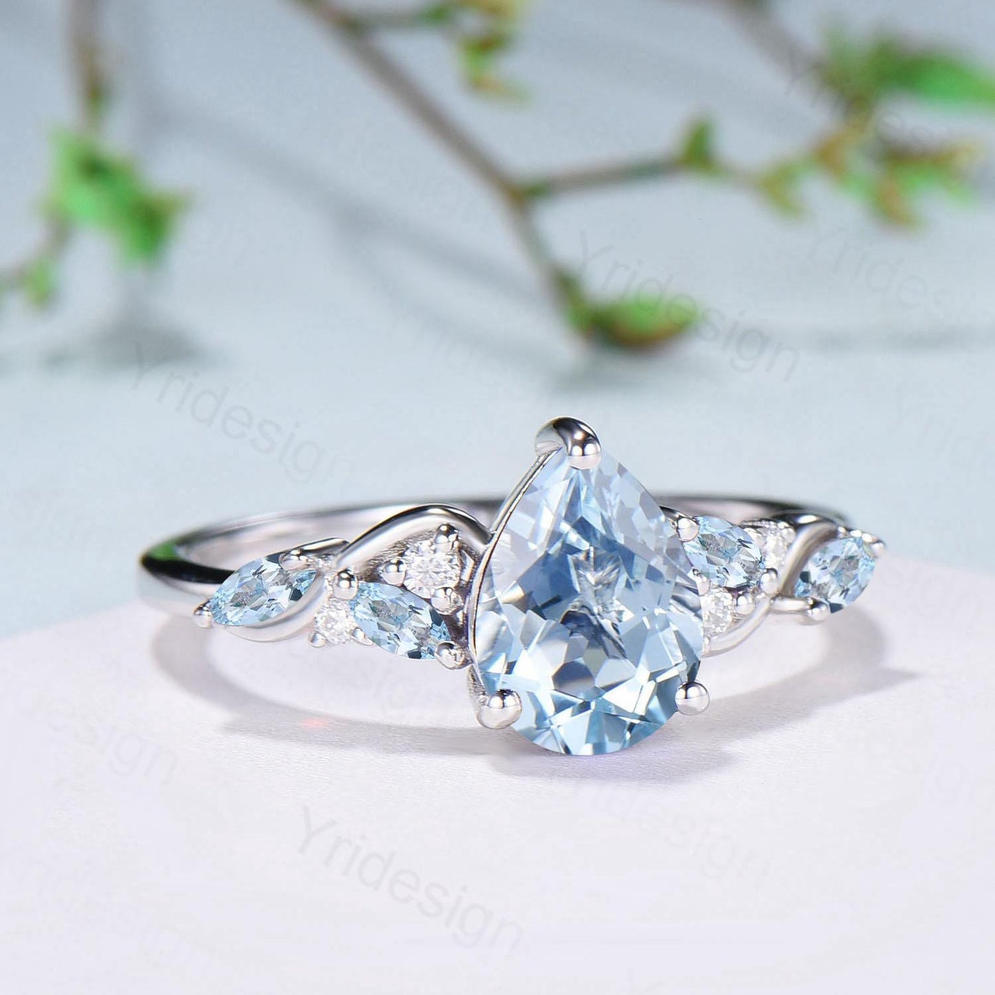 1.25ct Pear Natural Aquamarine Engagement Ring Vintage Marquise March Birthstone Wedding Ring Antique Anniversary Promise Ring Jewelry Gifts