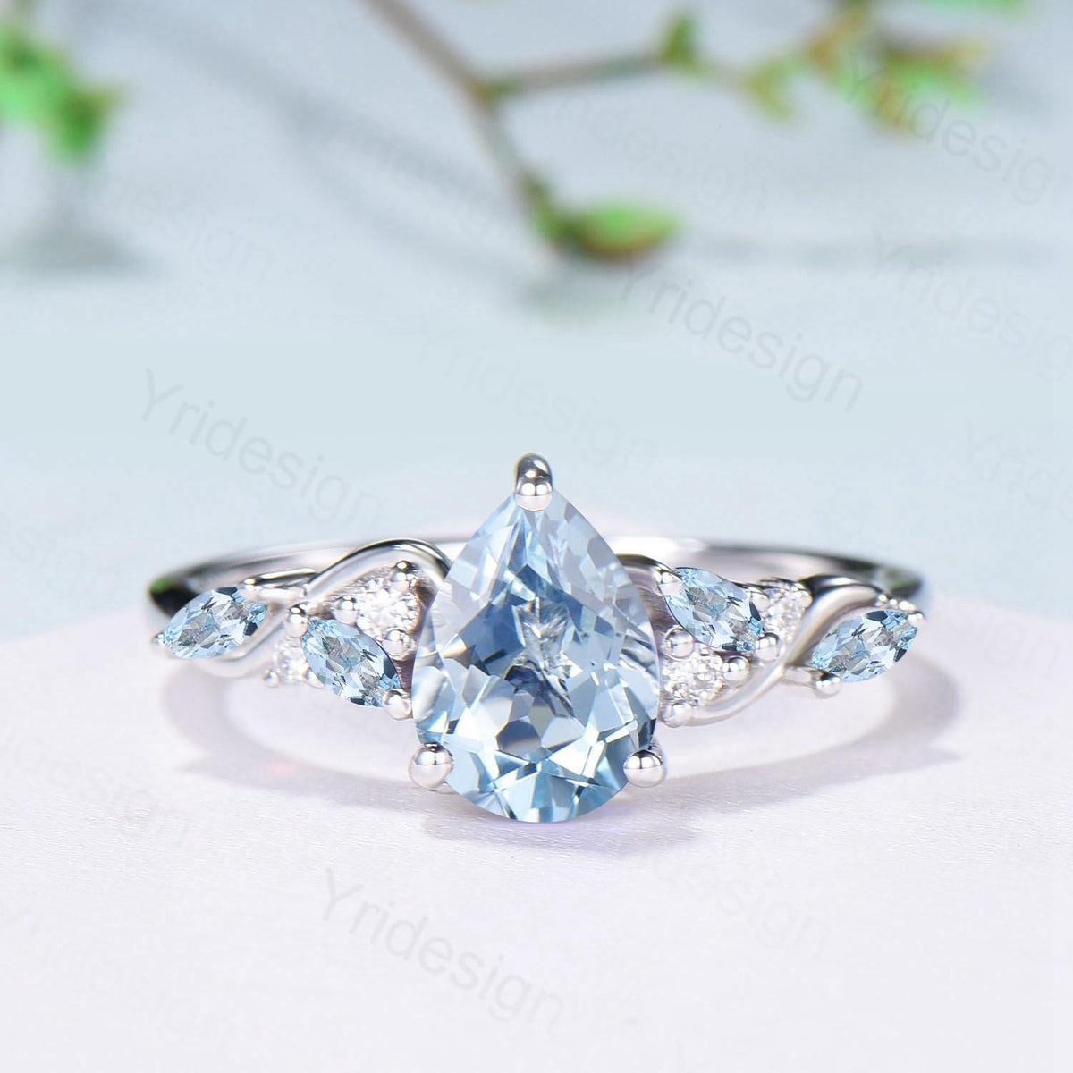 1.25ct Pear Natural Aquamarine Engagement Ring Vintage Marquise March Birthstone Wedding Ring Antique Anniversary Promise Ring Jewelry Gifts