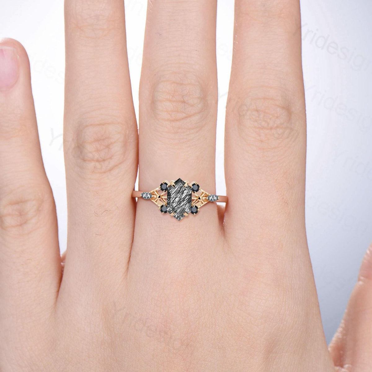 Vintage Elongated Hexagon Cut Black Rutilated Quartz Engagement Ring Unique Spider Wedding Ring Art Deco Anniversary Promise Ring Gift