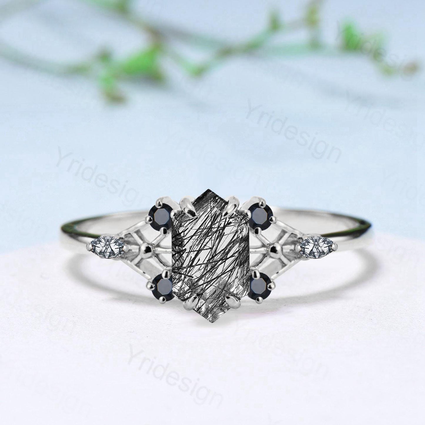 Vintage Elongated Hexagon Cut Black Rutilated Quartz Engagement Ring Unique Spider Wedding Ring Art Deco Anniversary Promise Ring Gift