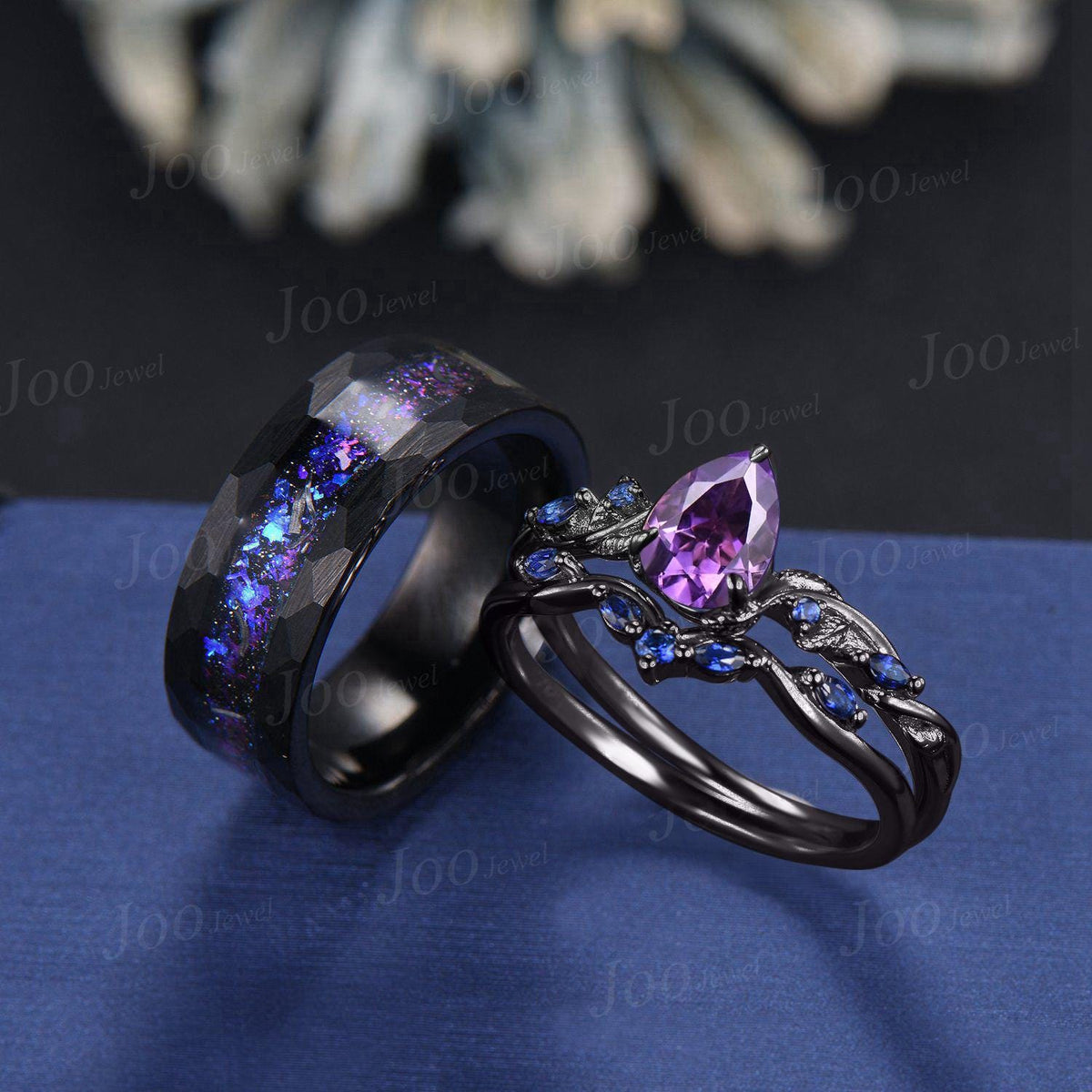 1.25ct Pear Cut Natural Amethyst Sapphire Vine Leaf Couples Ring Set Wear-resistant Men Tungsten Galaxy Nebula Matching Ring Set for Lover