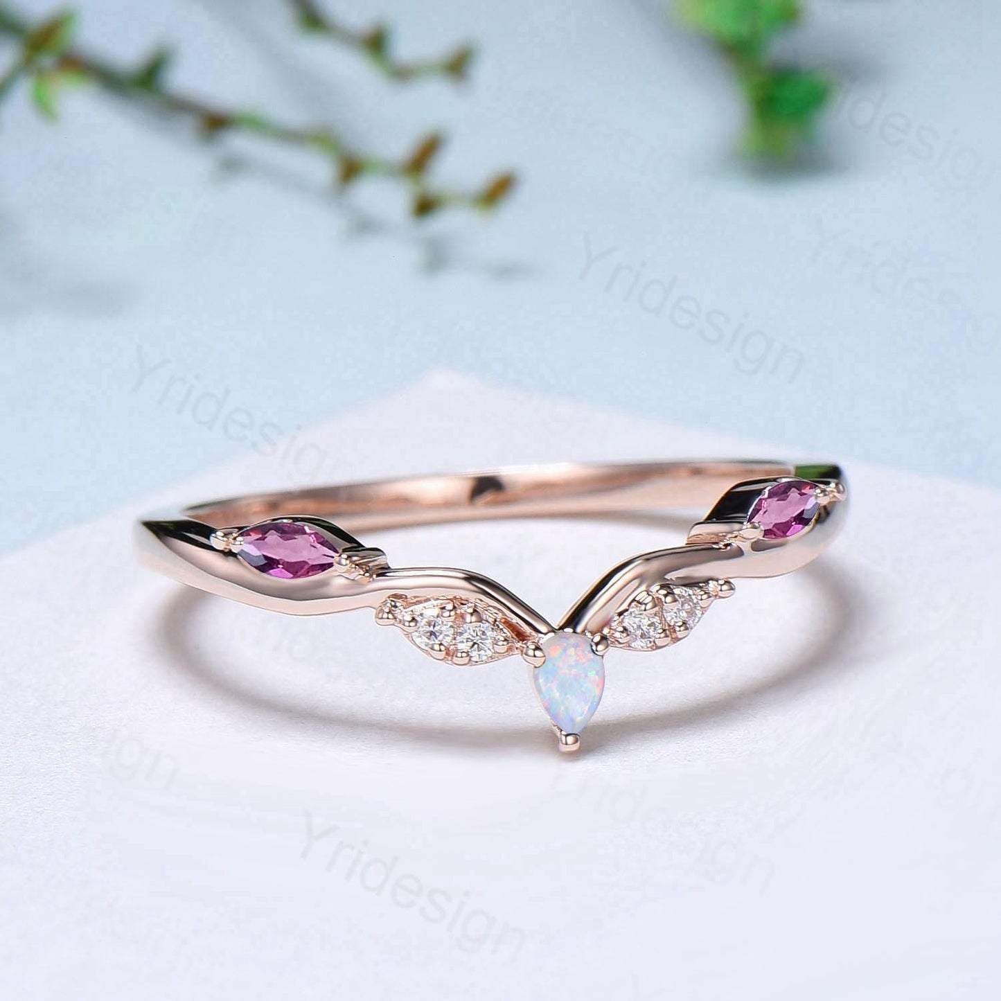 Vintage Marquise Cut Fire Opal Amethyst Wedding Band Women Unique Teardrop White Opal Stackable Ring Elegant Matching Band Anniversary Gift