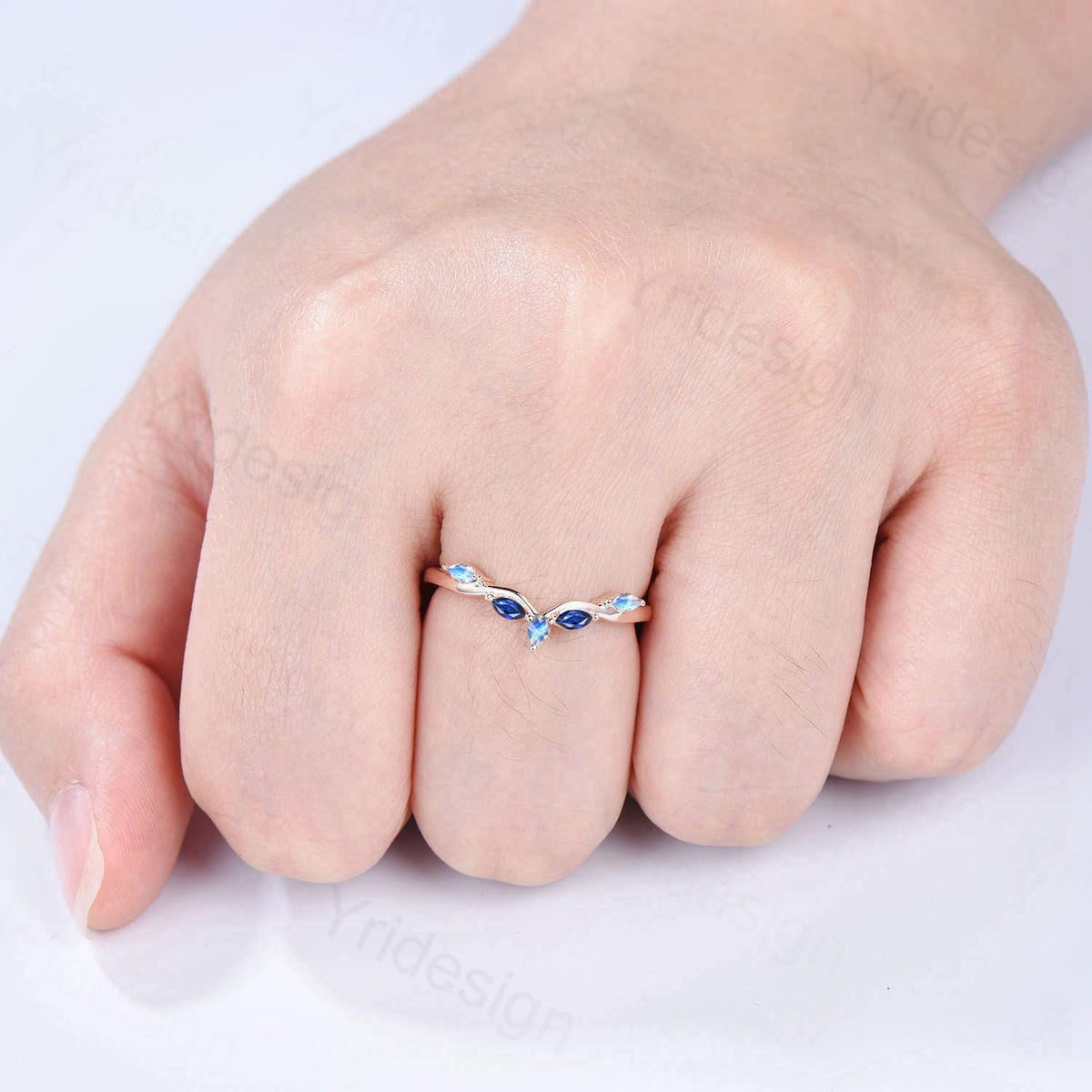 Vintage Curved Moonstone Sapphire Wedding Band Marquise Cut Blue Stone wedding Ring Unique Stacking Matching Bridal ring Anniversary band