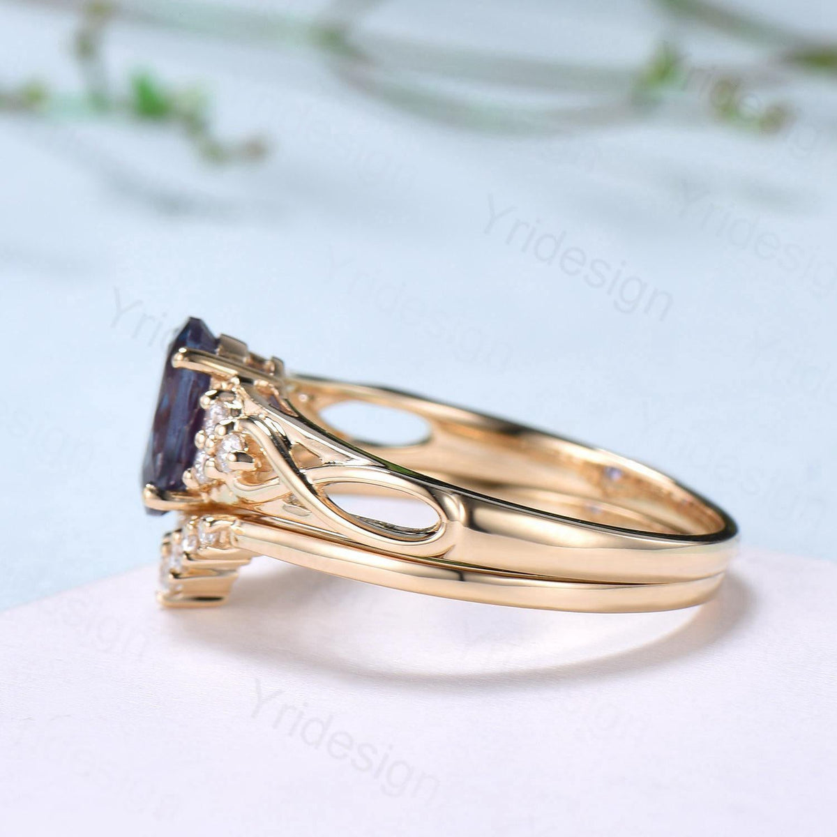 Celtic Love Natural Oval Tanzanite Engagement Ring Set Vintage  18K Yellow Gold Cluster Diamond Art Deco Wedding Ring Set Anniversary Gifts