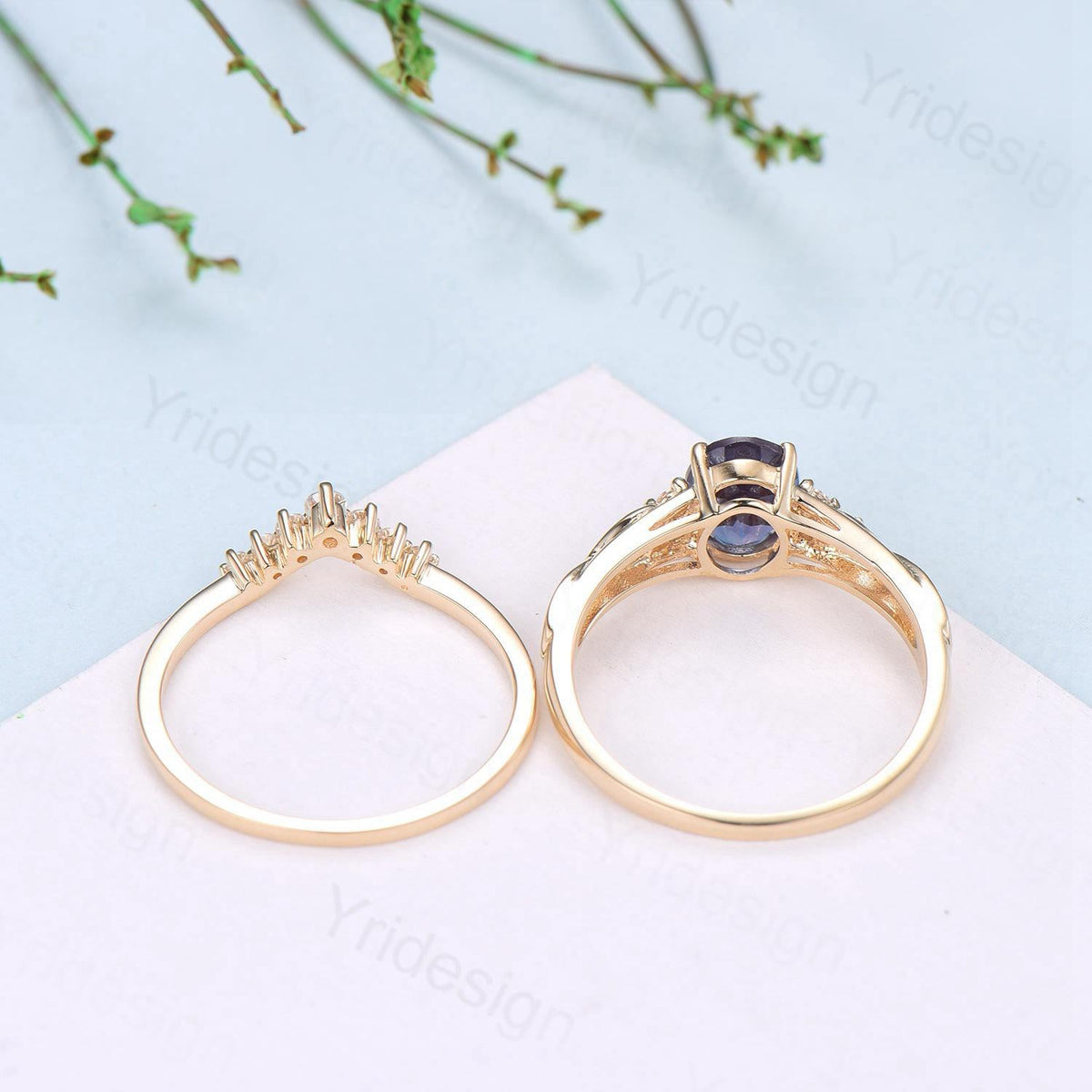 Celtic Love Natural Oval Tanzanite Engagement Ring Set Vintage  18K Yellow Gold Cluster Diamond Art Deco Wedding Ring Set Anniversary Gifts