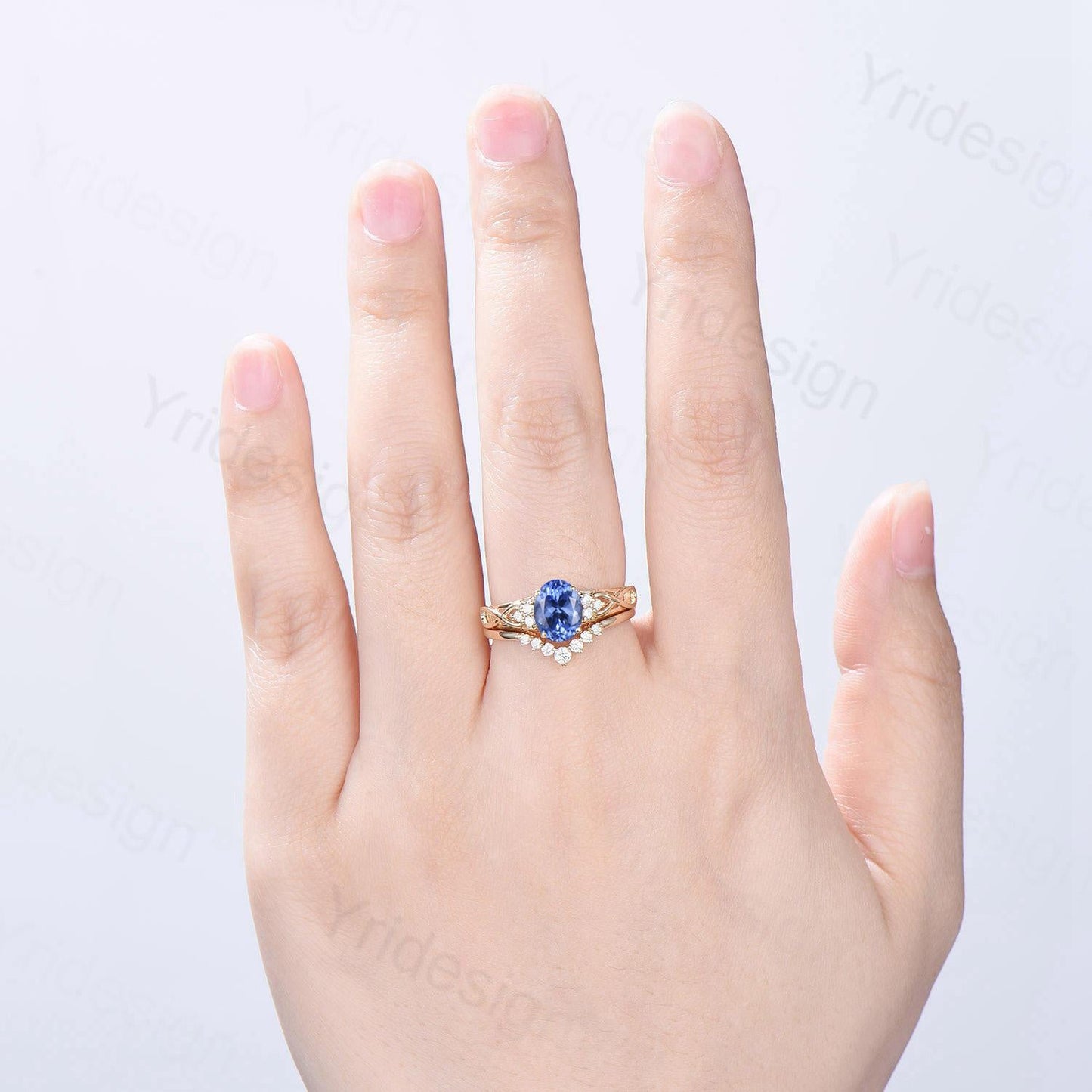 Celtic Love Natural Oval Tanzanite Engagement Ring Set Vintage  18K Yellow Gold Cluster Diamond Art Deco Wedding Ring Set Anniversary Gifts