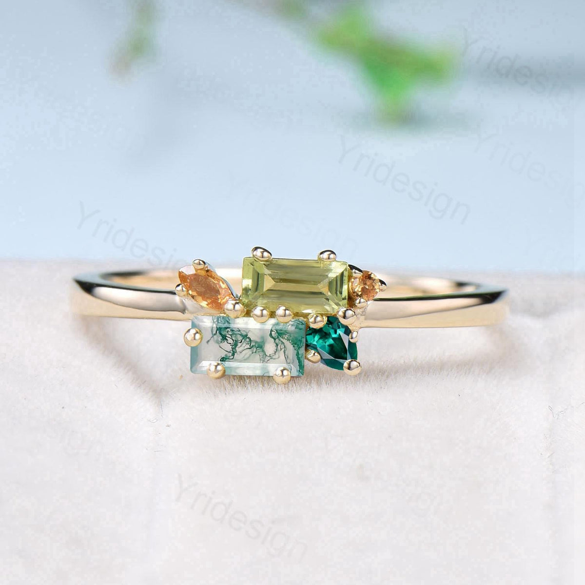 Unique Baguette Moss Agate Peridot Wedding Ring Multi Stone Citrine Emerald Wedding Band Stacking Promise Ring Anniversary Gift For Daughter