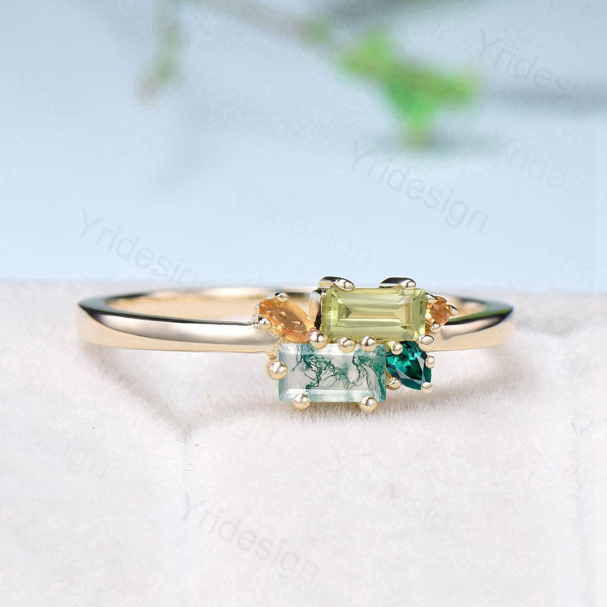 Unique Baguette Moss Agate Peridot Wedding Ring Multi Stone Citrine Emerald Wedding Band Stacking Promise Ring Anniversary Gift For Daughter