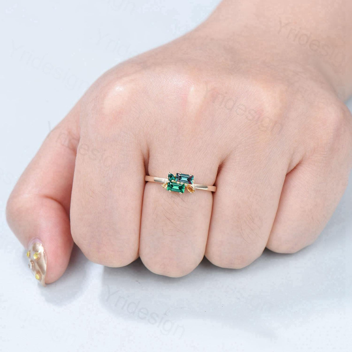 Unique Baguette Alexandrite Emerald Ring Moonstone Wedding Ring Yellow Gold Stacking Dainty Ring Multi-Stone Citrine Ring Anniversary Gift