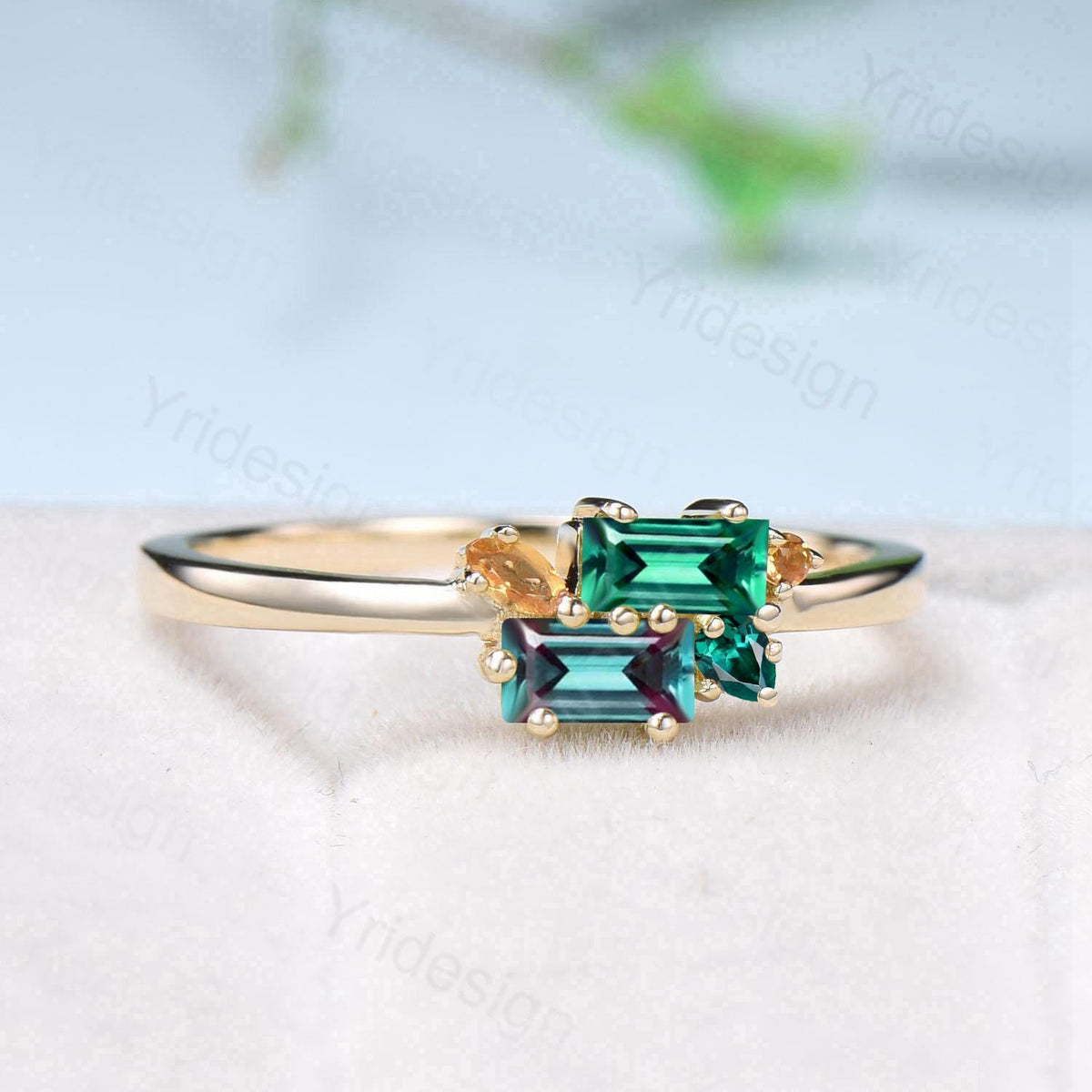 Unique Baguette Alexandrite Emerald Ring Moonstone Wedding Ring Yellow Gold Stacking Dainty Ring Multi-Stone Citrine Ring Anniversary Gift