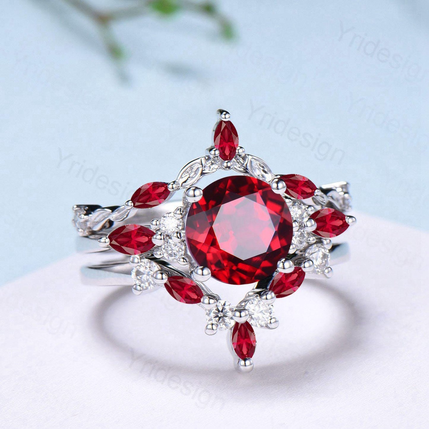 Vintage red ruby engagement ring set 3pcs white gold ruby moissanite wedding set Art deco leaf stacking band bridal promise ring set women