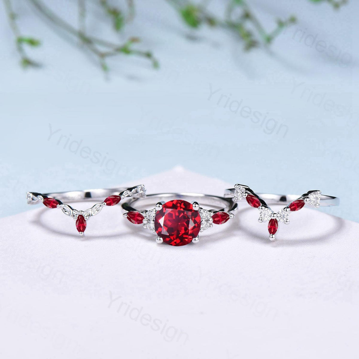 Vintage red ruby engagement ring set 3pcs white gold ruby moissanite wedding set Art deco leaf stacking band bridal promise ring set women