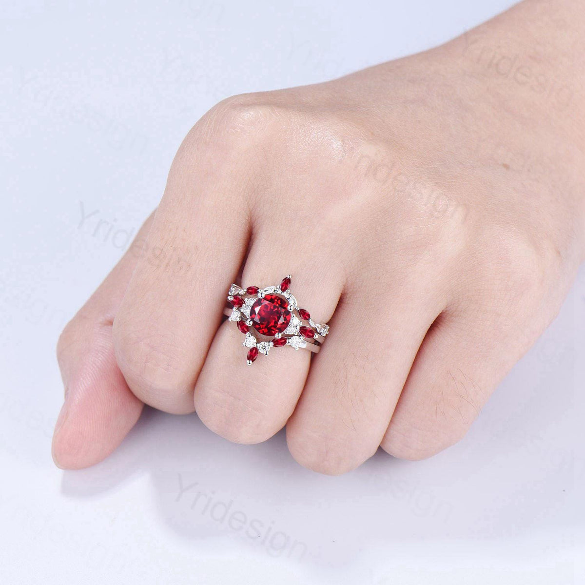 Vintage red ruby engagement ring set 3pcs white gold ruby moissanite wedding set Art deco leaf stacking band bridal promise ring set women