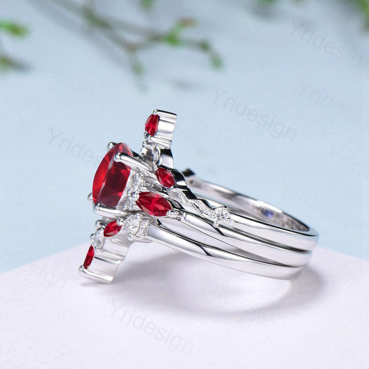 Vintage red ruby engagement ring set 3pcs white gold ruby moissanite wedding set Art deco leaf stacking band bridal promise ring set women
