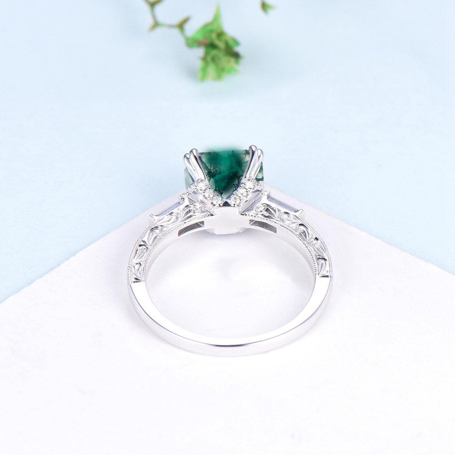 Vintage asscher cut emerald engagement ring hidden halo diamond moss agate basket setting eight prongs wedding ring anniversary promise ring