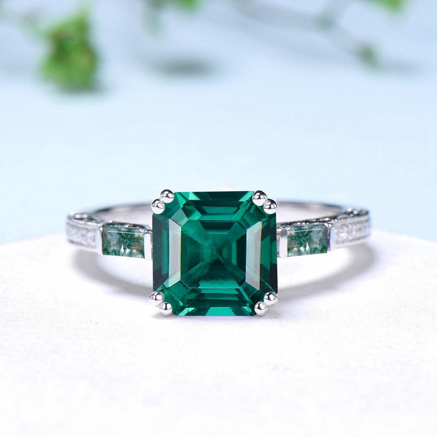 Vintage asscher cut emerald engagement ring hidden halo diamond moss agate basket setting eight prongs wedding ring anniversary promise ring