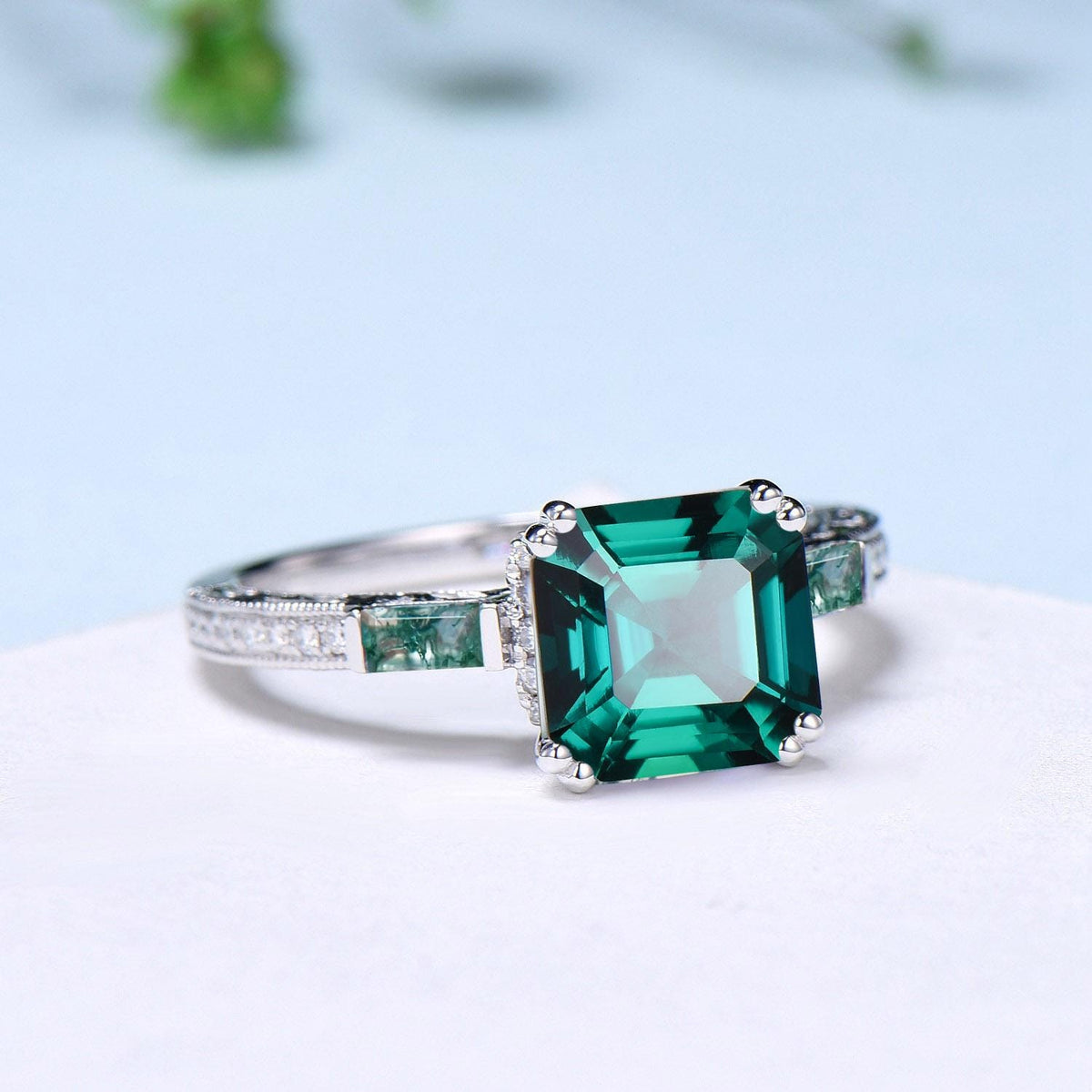 Vintage asscher cut emerald engagement ring hidden halo diamond moss agate basket setting eight prongs wedding ring anniversary promise ring