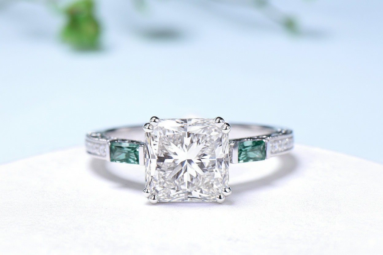 Hidden halo princess cut diamond engagement ring hidden halo moss agate diamond  basket setting wedding ring IGI certificate diamond jewelry