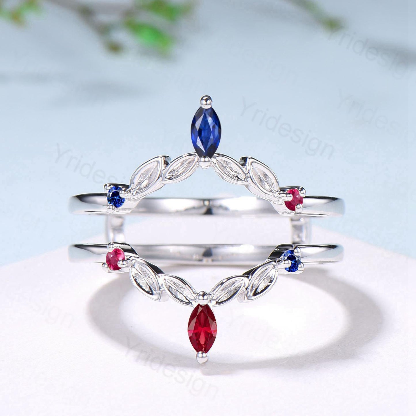 Vintage Sapphire Ruby Wedding Band Ring Ladies Blue Sapphire Wedding Ring Curved Enhancer Stacking Bridal Matching Ring Anniversary Gift